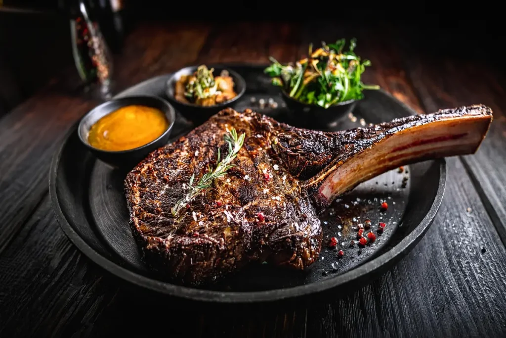 A perfectly cooked tomahawk steak showcasing its tenderness and rich marbling.