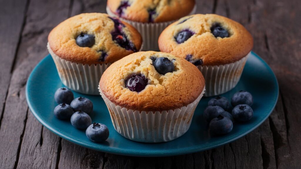 Freshly baked almond flour blueberry muffins on a plate, surrounded by scattered blueberries.