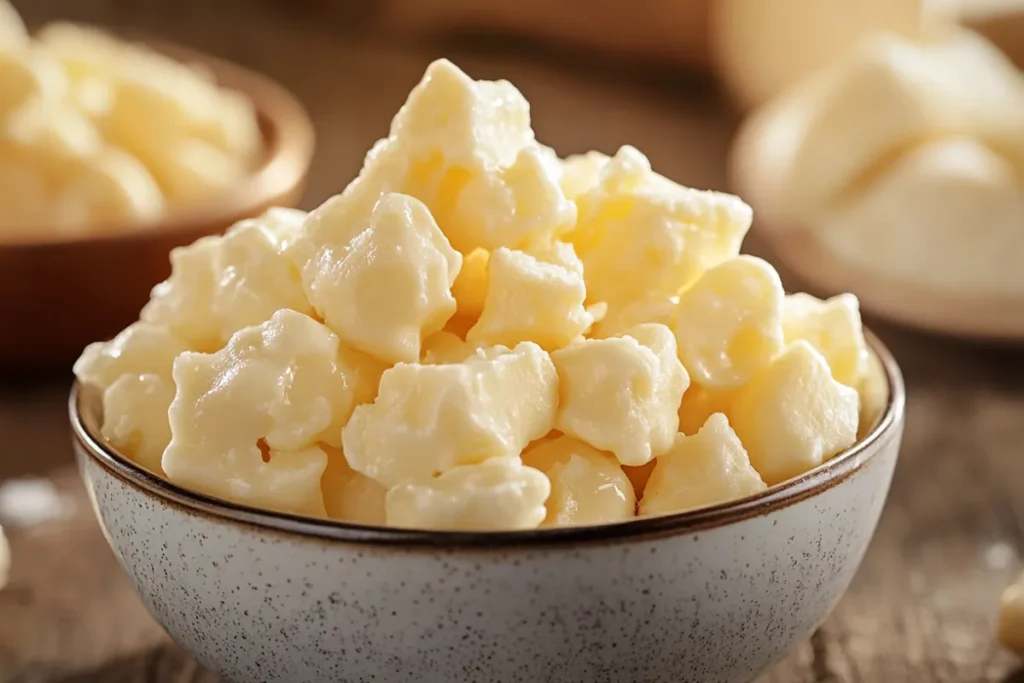 Close-up of fresh cheese curds on a wooden board, showcasing their unique texture and appearance