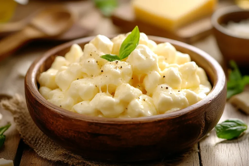 Close-up of fresh cheese curds on a wooden board, showcasing their unique texture and appearance