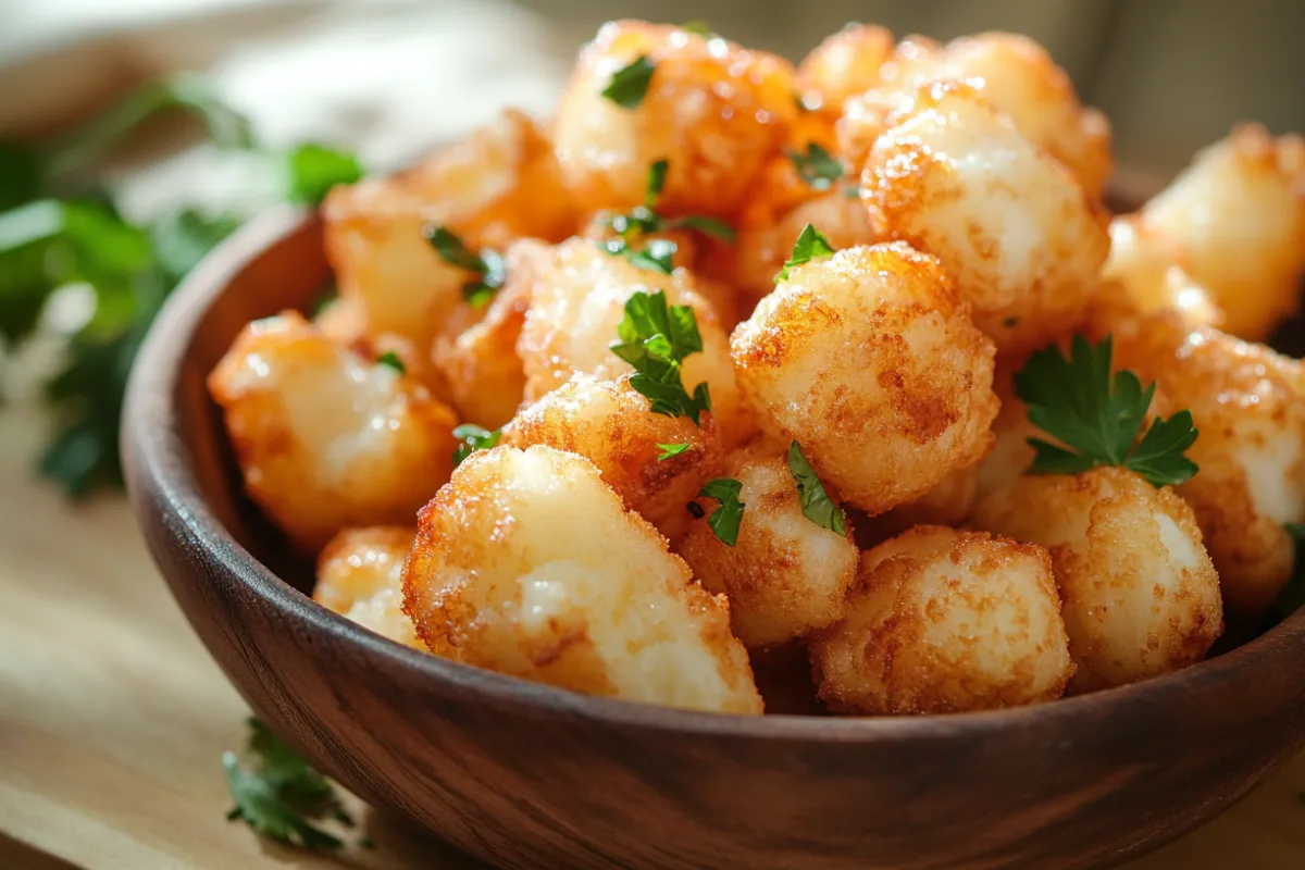 Close-up of fresh cheese curds on a wooden board, showcasing their unique texture and appearance