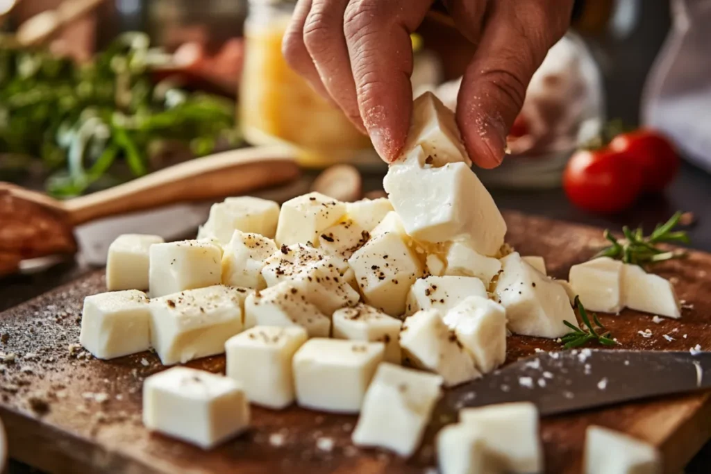 Close-up of fresh cheese curds on a wooden board, showcasing their unique texture and appearance