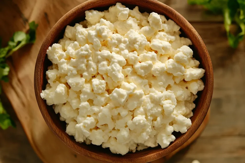 Comparison of cheese curds and cottage cheese on a wooden table showing texture differences