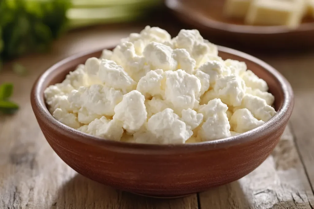 Comparison of cheese curds and cottage cheese on a wooden table showing texture differences