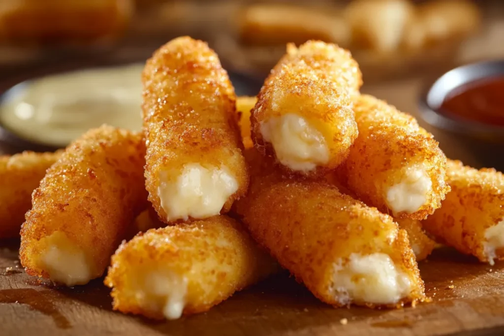 Comparison between cheese curds and mozzarella sticks showing their different shapes, textures, and preparation methods