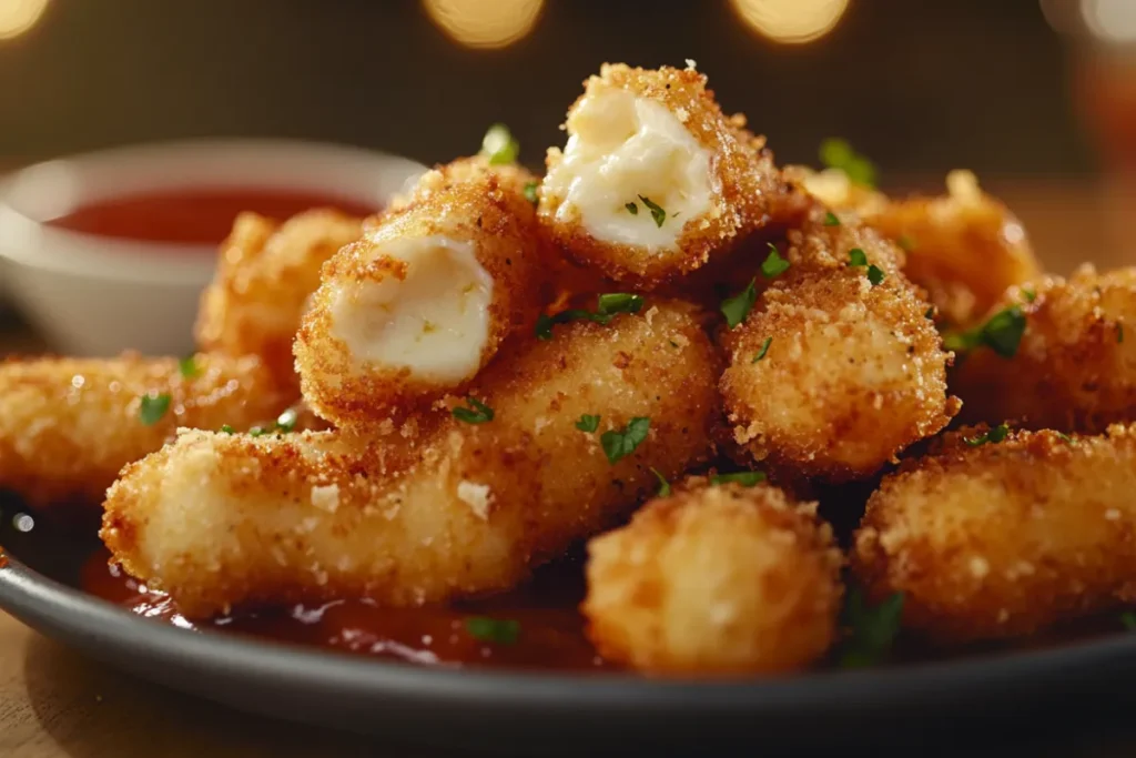 Comparison between cheese curds and mozzarella sticks showing their different shapes, textures, and preparation methods