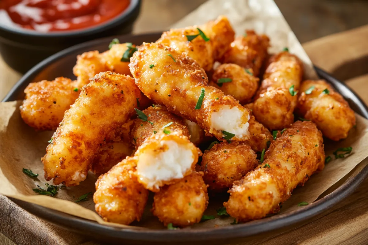 Comparison between cheese curds and mozzarella sticks showing their different shapes, textures, and preparation methods