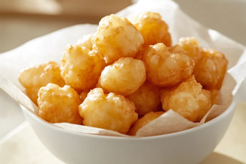 Fresh cheese curds in a bowl showcasing their squeaky texture and mild flavor.