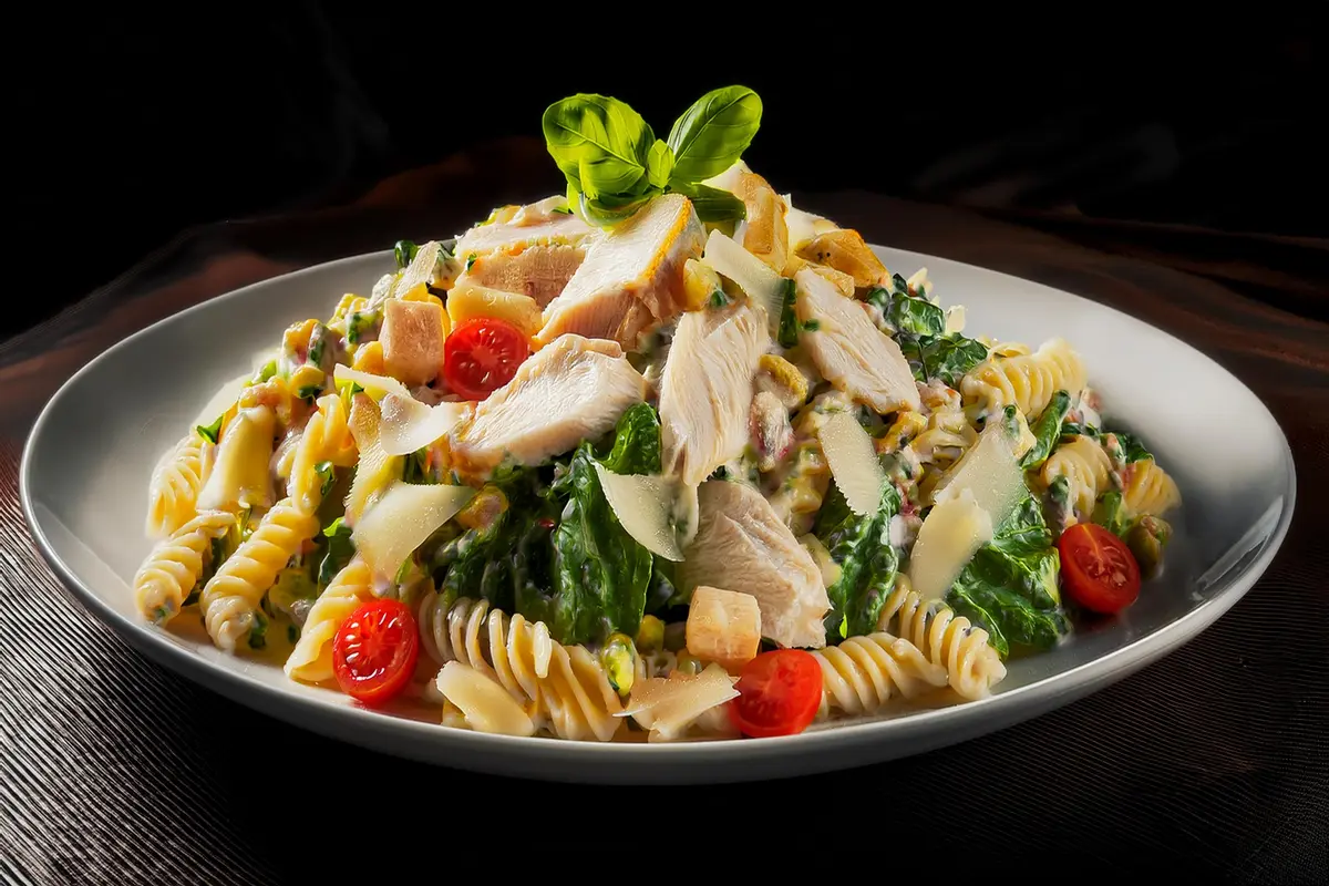 A bowl of Chicken Bacon Caesar Pasta Salad with crispy bacon, tender chicken, and fresh lettuce.