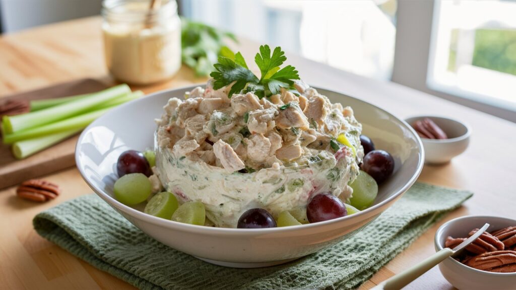 Chicken Salad Chick's chicken salad in a bowl with visible ingredients like chicken, celery, and grapes, on a wooden table with surrounding ingredients.