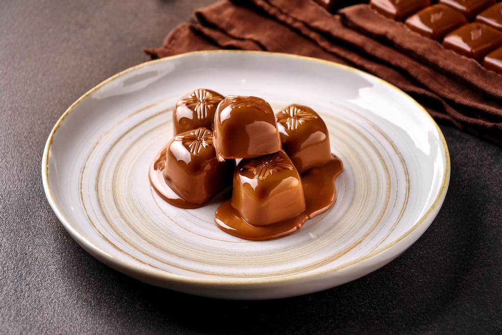 A batch of homemade chocolate caramel candies arranged neatly, with a smooth chocolate coating and a sprinkle of sea salt on top.