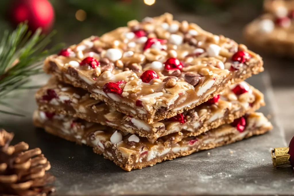 A plate of Christmas Crack with chocolate, toffee, and festive sprinkles, ready to serve for holiday celebrations.