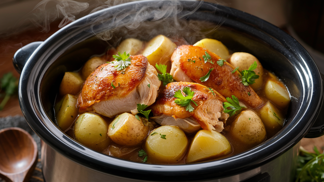 A hearty serving of crockpot chicken and potatoes with herbs, cooked to tender perfection in a slow cooker, garnished with fresh parsley.