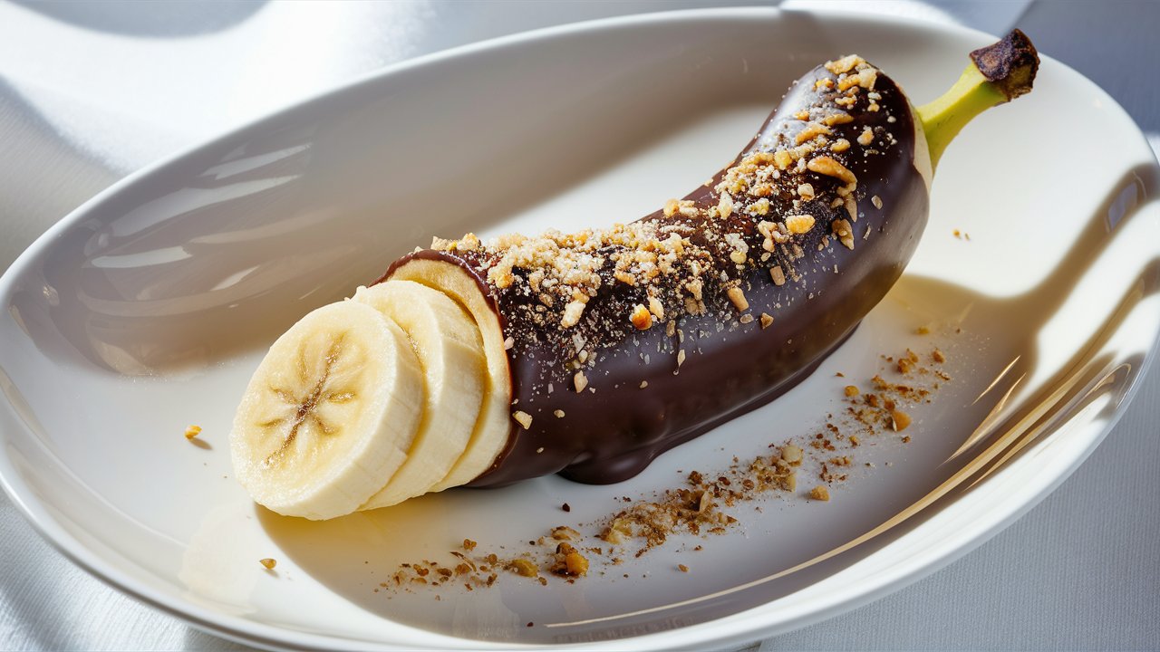 A close-up of a sliced banana drizzled with rich, melted dark chocolate, garnished with a sprinkle of crushed nuts on a white plate.