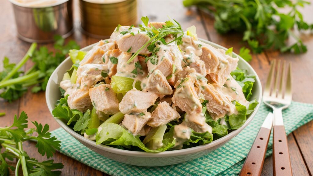 Fresh chicken salad with tender chicken chunks, celery, and creamy dressing, presented in a bowl on a wooden table, emphasizing freshness without canned ingredients.