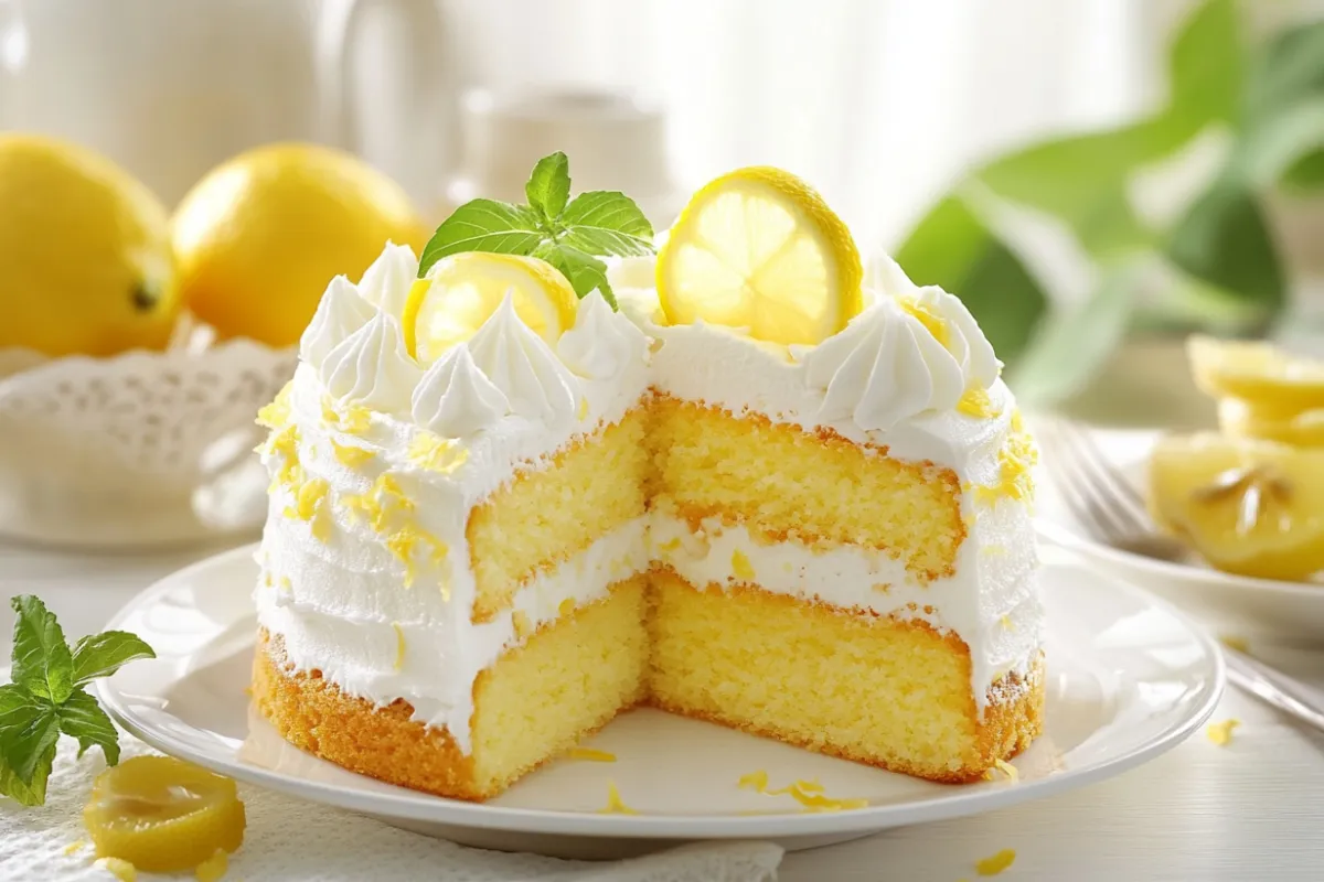 Close-up of a lemon cake slice with a vibrant yellow color, showcasing the texture and fresh lemon zest garnish.