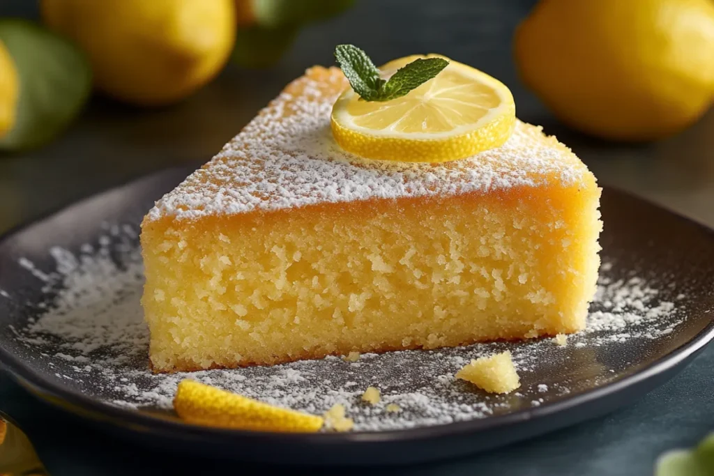 Close-up of a lemon cake slice with a vibrant yellow color, showcasing the texture and fresh lemon zest garnish.