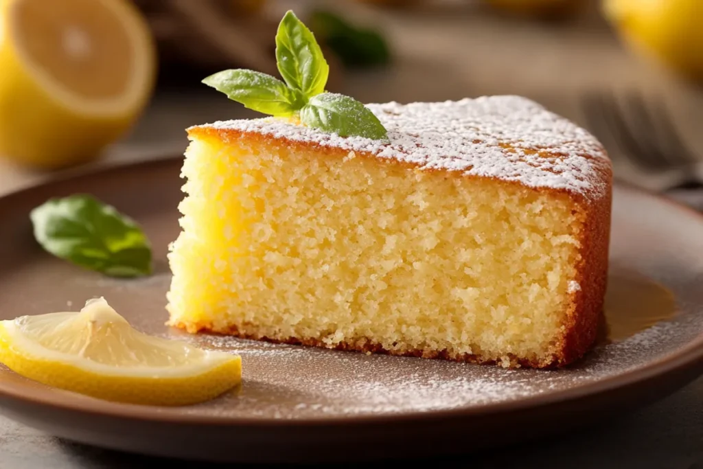 Close-up of a lemon cake slice with a vibrant yellow color, showcasing the texture and fresh lemon zest garnish.