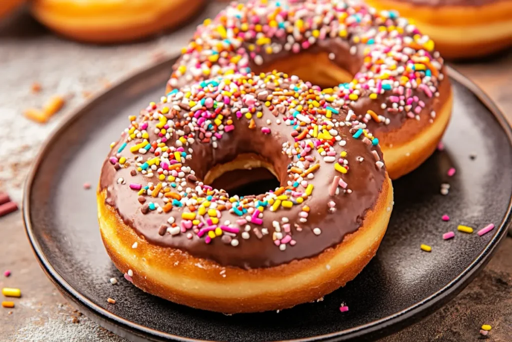 Stacked donut cake with colorful glazes and sprinkles, perfect for any celebration