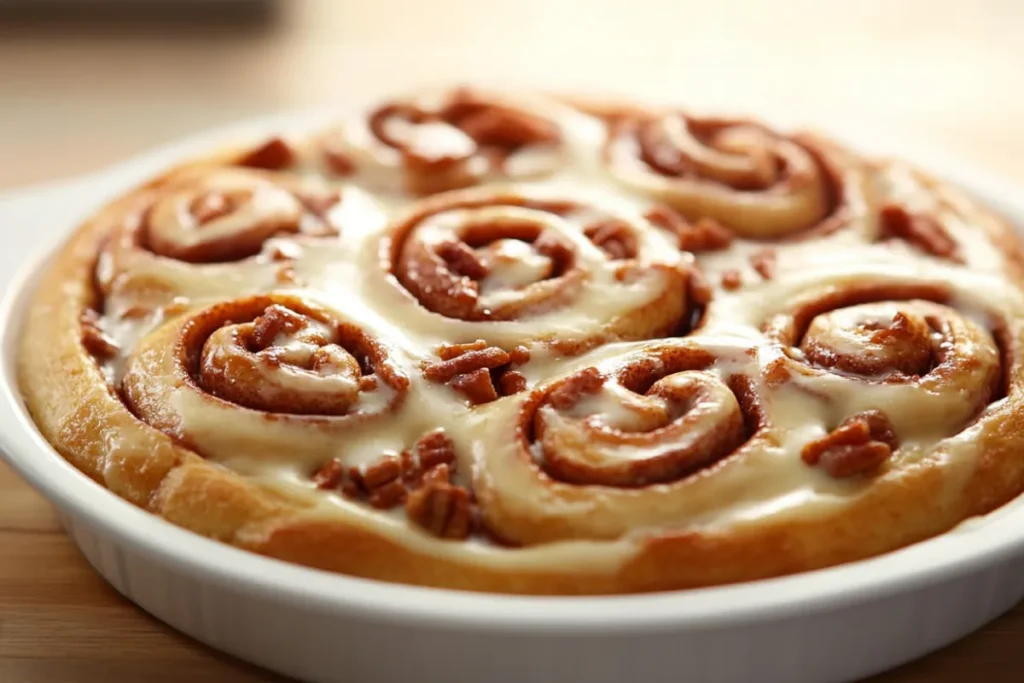 Sourdough cinnamon roll on a plate showing the swirl of cinnamon and sugar, highlighting its delicious and fluffy texture.