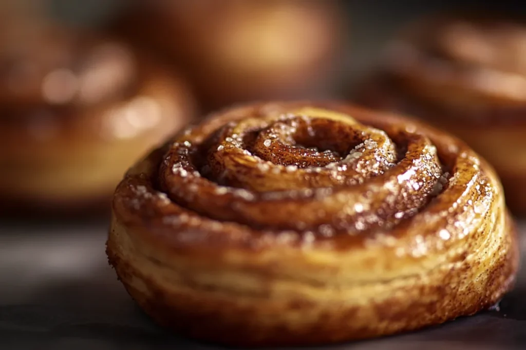 Sourdough cinnamon roll on a plate showing the swirl of cinnamon and sugar, highlighting its delicious and fluffy texture.