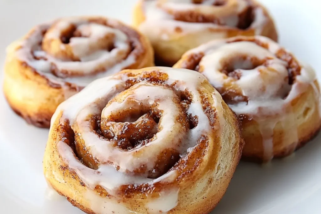 Sourdough cinnamon roll on a plate showing the swirl of cinnamon and sugar, highlighting its delicious and fluffy texture.