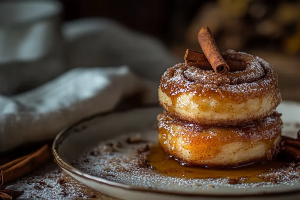 Sourdough cinnamon roll on a plate showing the swirl of cinnamon and sugar, highlighting its delicious and fluffy texture.