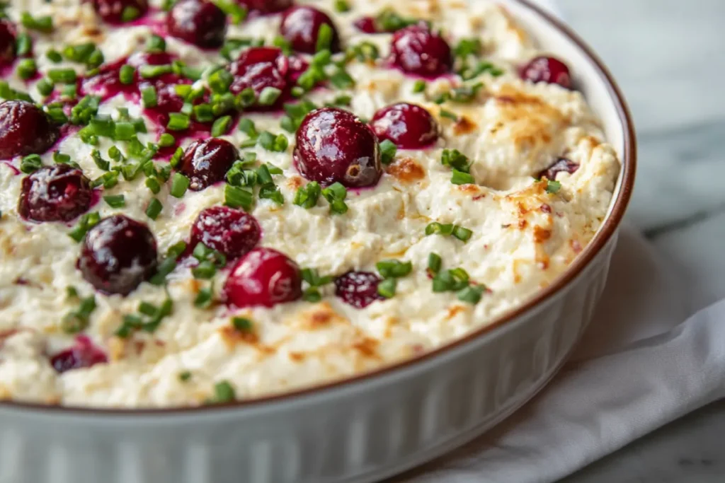 Costco Cranberry Jalapeño Dip in a container with fresh cranberries and jalapeños beside it, highlighting its seasonal appeal.