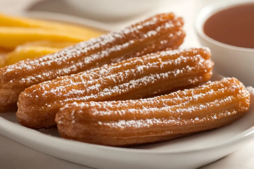 Traditional churros with sugar and chocolate dipping sauce, representing their cultural journey from Spain to Mexico and beyond