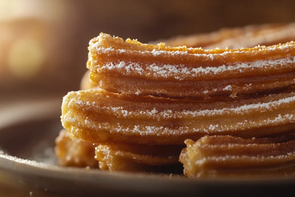 Traditional churros with sugar and chocolate dipping sauce, representing their cultural journey from Spain to Mexico and beyond