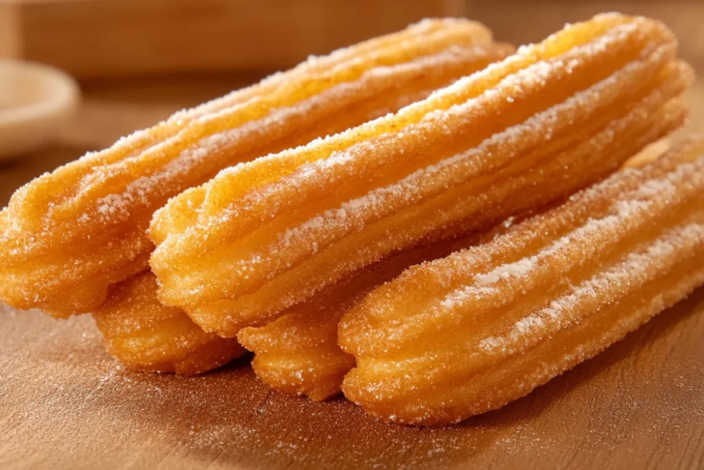 Traditional churros with sugar and chocolate dipping sauce, representing their cultural journey from Spain to Mexico and beyond