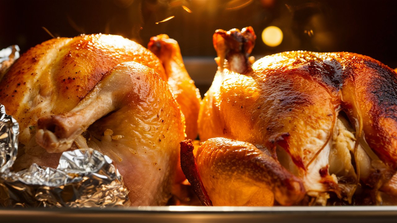 A whole chicken baking in an oven, partially covered with foil on one side and uncovered on the other, showing the difference in texture between the moist, covered side and the crispy, golden-brown uncovered side