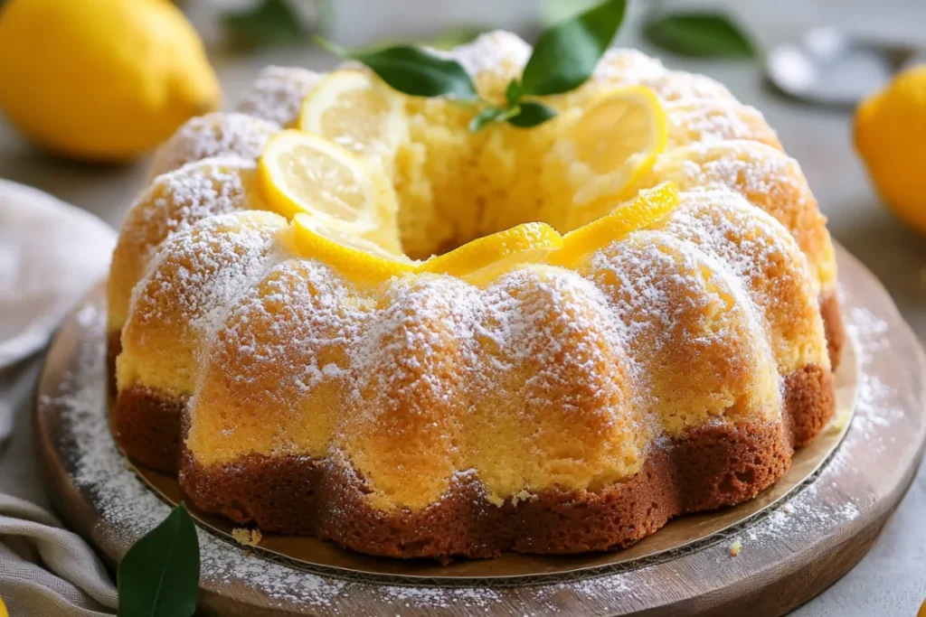 Moist lemon pound cake with a tangy lemon glaze, sliced and served on a white plate