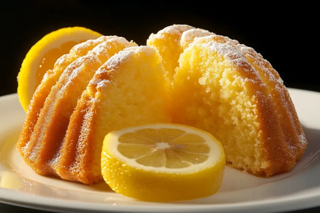 Moist lemon pound cake with a tangy lemon glaze, sliced and served on a white plate