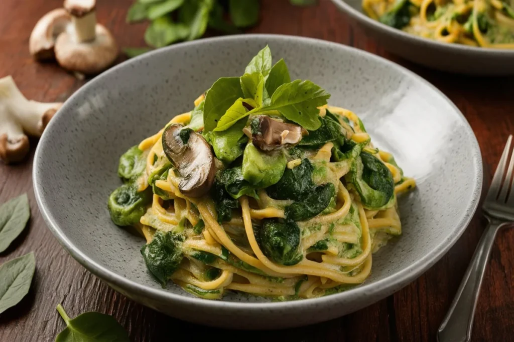 A plate of Mushroom Spinach Pasta with fresh Parmesan and parsley.