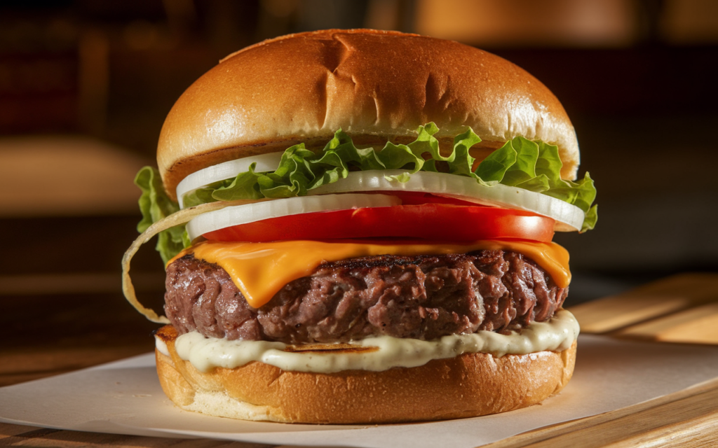 Grilled bison burger topped with lettuce, tomato, and cheese