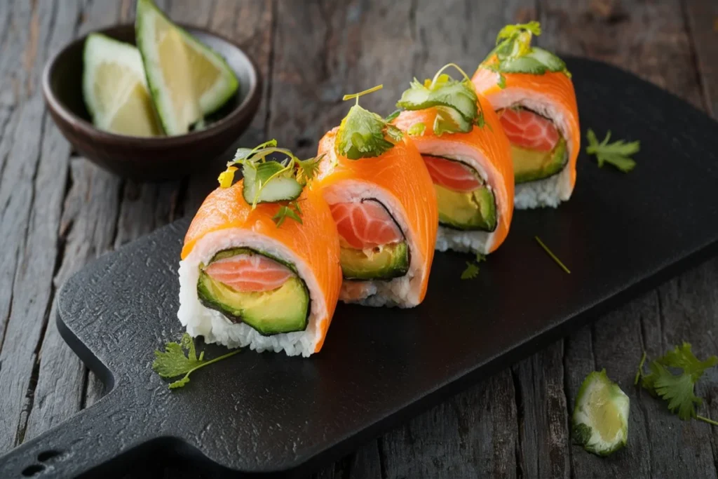 A plate of freshly made Salmon Avocado Rolls with soy sauce and wasabi.