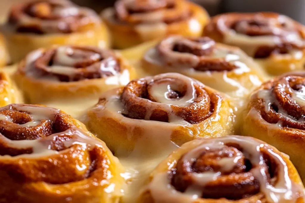 Freshly baked sourdough cinnamon rolls topped with creamy frosting, served on a rustic wooden table.