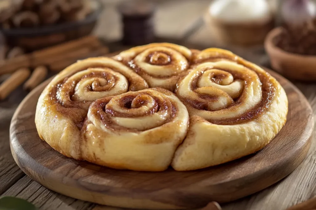 Freshly baked sourdough cinnamon rolls topped with creamy frosting, served on a rustic wooden table.