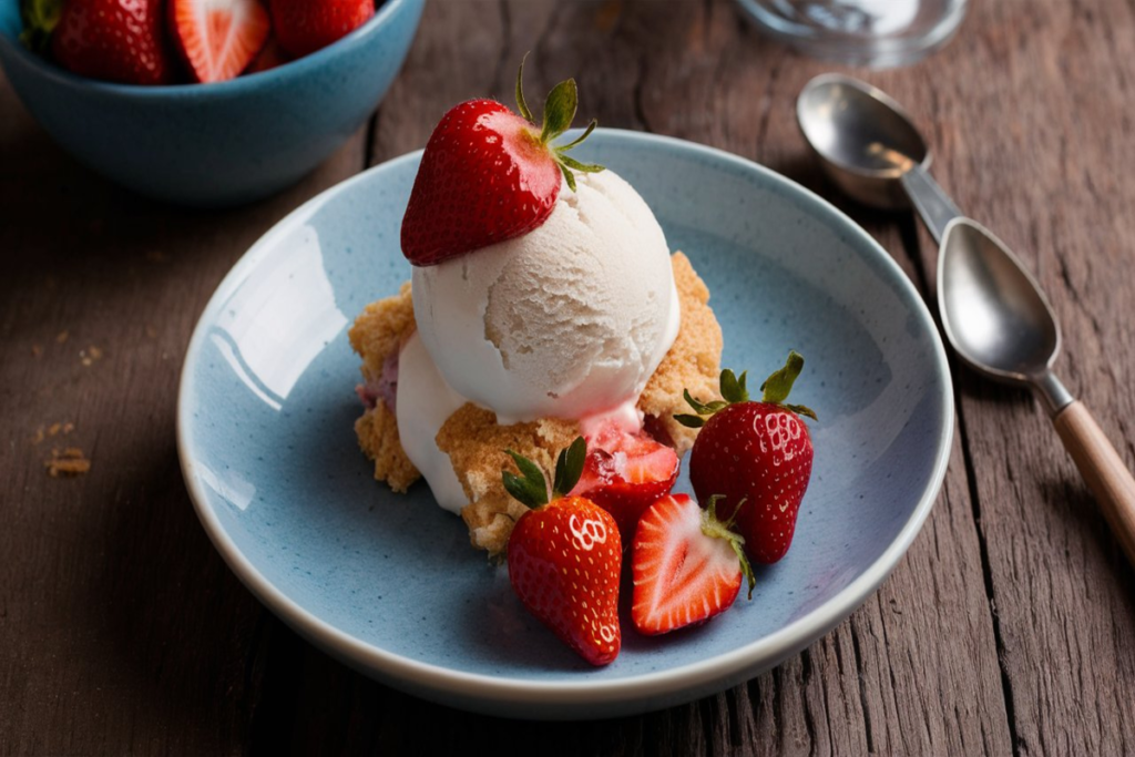 A bowl of strawberry shortcake ice cream with fresh strawberries and shortcake crumbles on top.