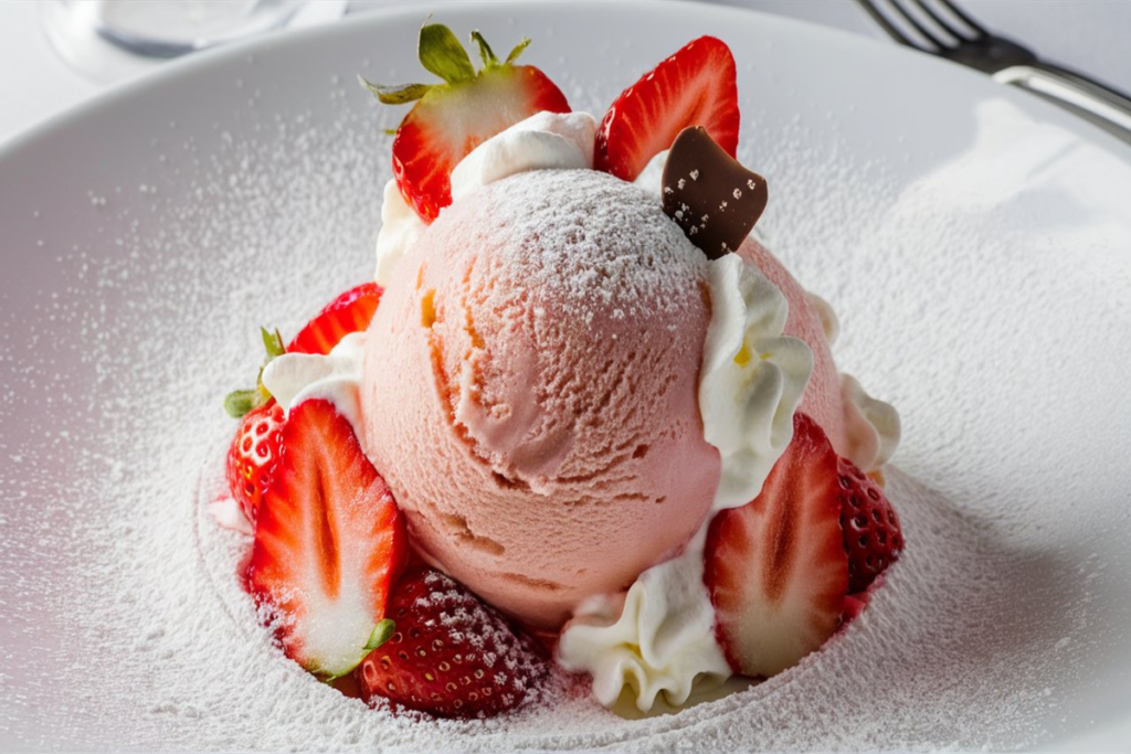 A bowl of strawberry shortcake ice cream with fresh strawberries and shortcake crumbles on top.