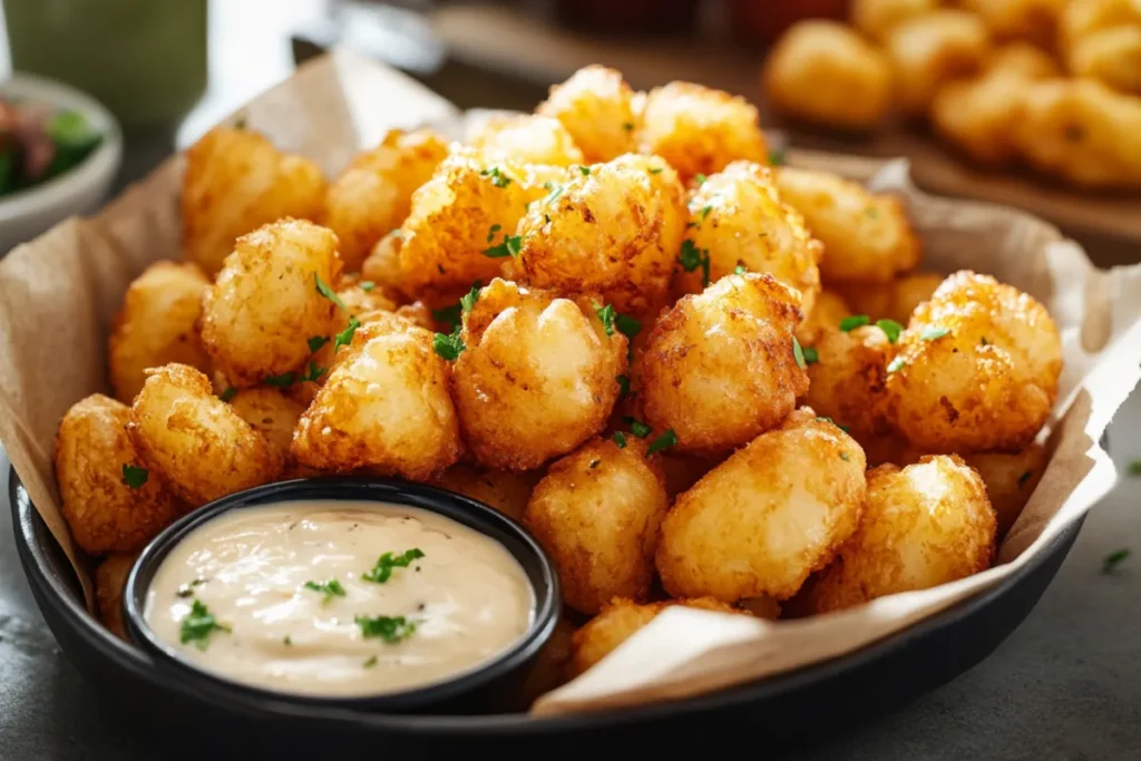 Comparison between cheese curds and mozzarella sticks showing their different shapes, textures, and preparation methods