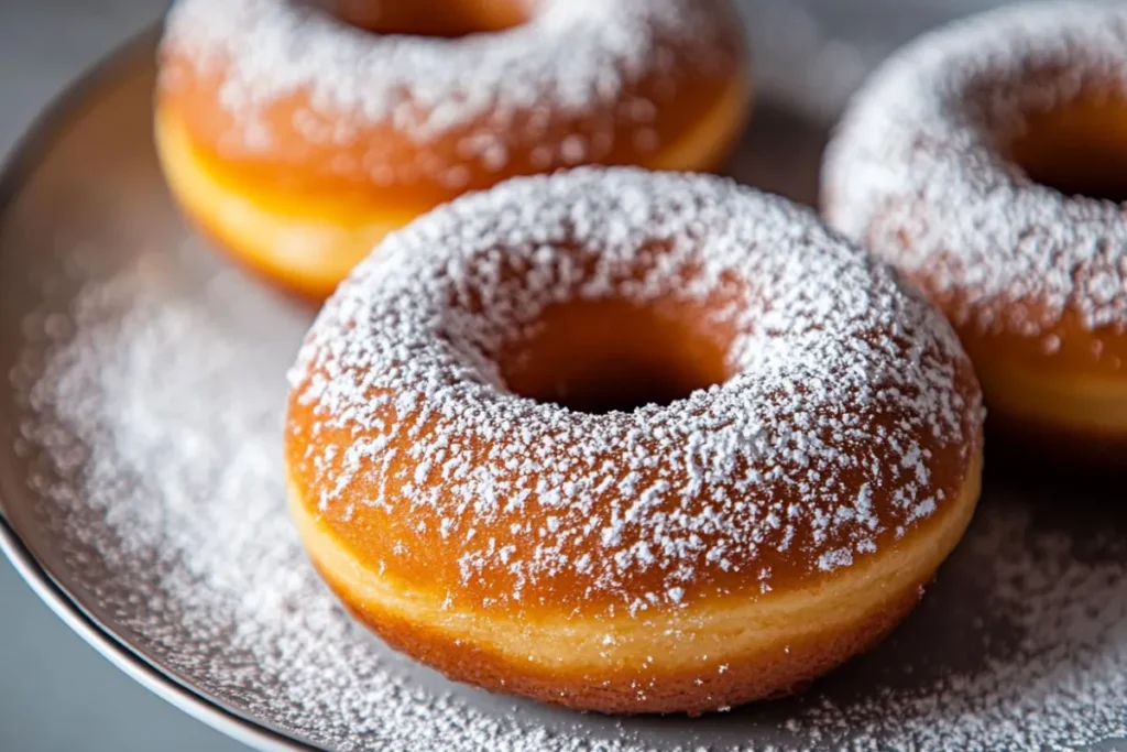 A close-up of freshly made cake donuts with a golden-brown crust, topped with a sugar glaze