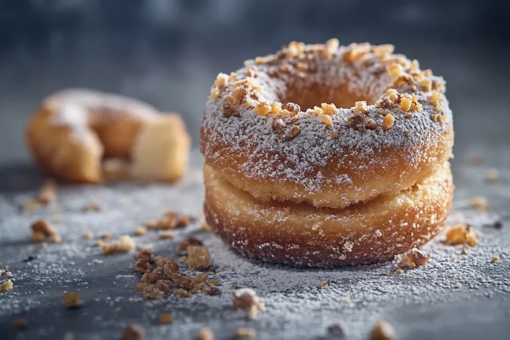 A close-up of freshly made cake donuts with a golden-brown crust, topped with a sugar glaze