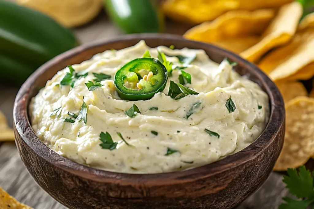 Jar of Lay's Jalapeño Dip alongside a bowl of chips with a focus on the creamy texture and spicy flavor