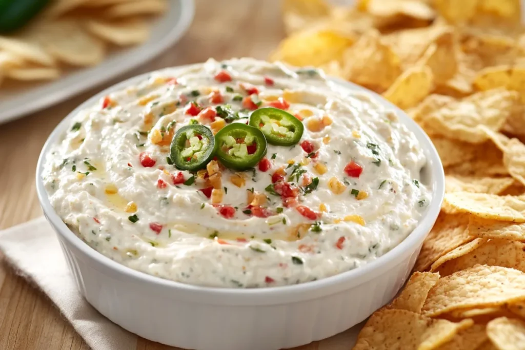 Jar of Lay's Jalapeño Dip alongside a bowl of chips with a focus on the creamy texture and spicy flavor