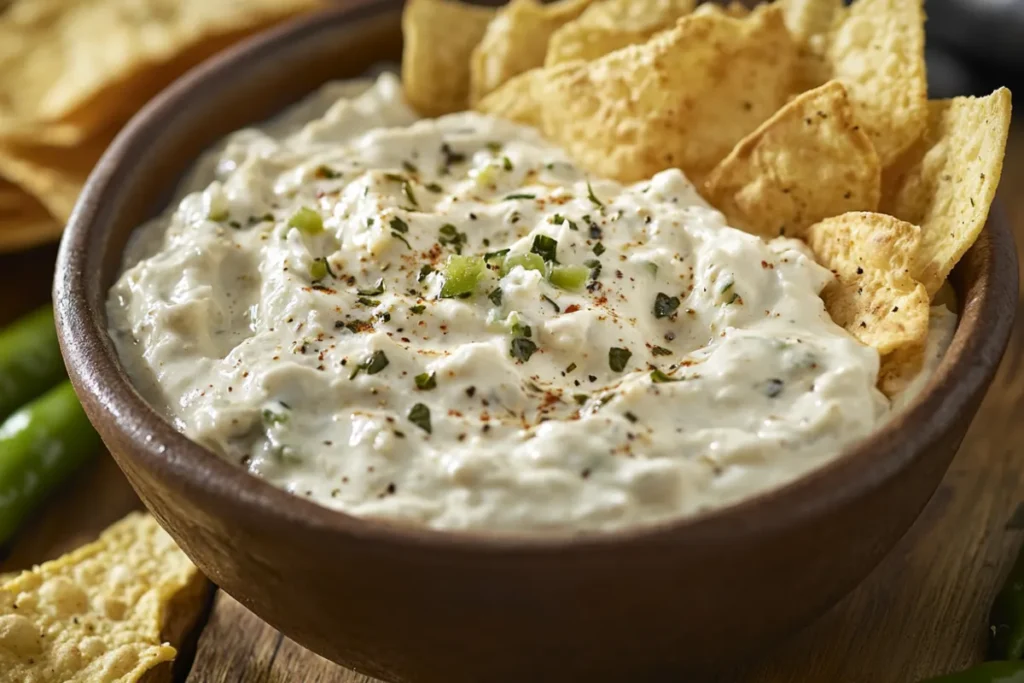 Jar of Lay's Jalapeño Dip alongside a bowl of chips with a focus on the creamy texture and spicy flavor