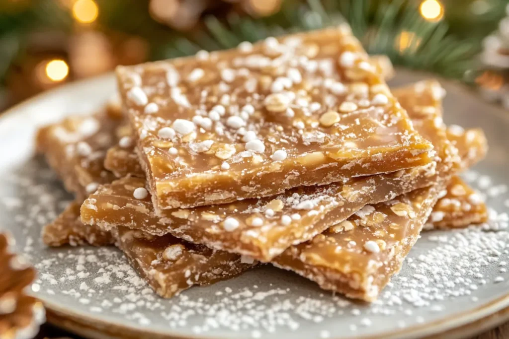 Close-up of Christmas Crack Candy topped with melted chocolate and festive sprinkles on a baking sheet.