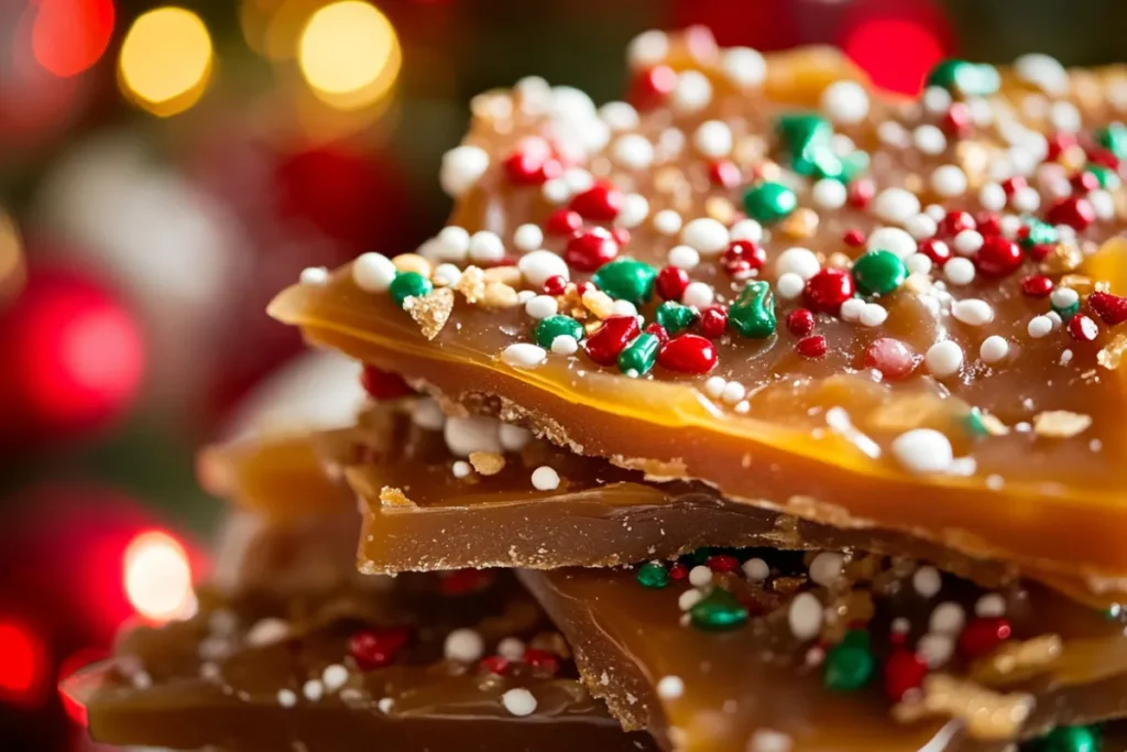 Close-up of Christmas Crack Candy topped with melted chocolate and festive sprinkles on a baking sheet.