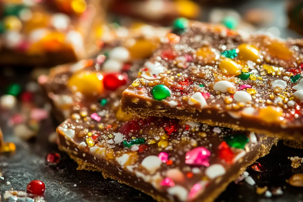 Close-up of Christmas Crack Candy topped with melted chocolate and festive sprinkles on a baking sheet.